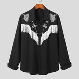 Western Cowboy Men Shirt Embroidered Tassel Patchwork Lapel Long Sleeve
