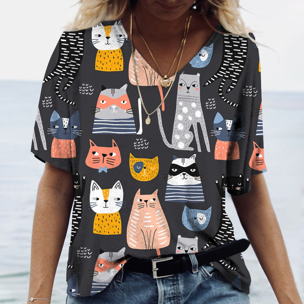 Cartoon Cats Print Women T-Shirt - myfunfarm