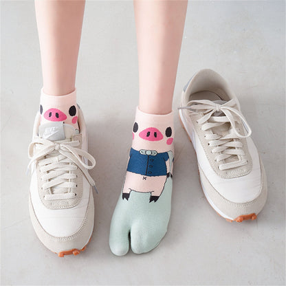 Cute Cartoon Pig Patterned Two-Toe Short Ankle Cotton Socks - myfunfarm