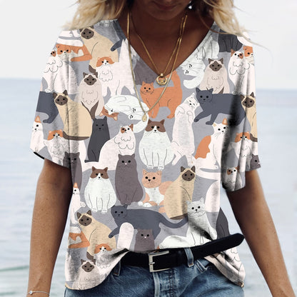 Cartoon Cats Print Women T-Shirt - myfunfarm