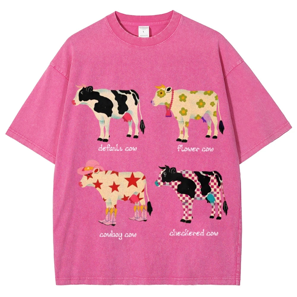 Cute Cartoon Cow Print T-Shirt Pure Cotton Washed - myfunfarm