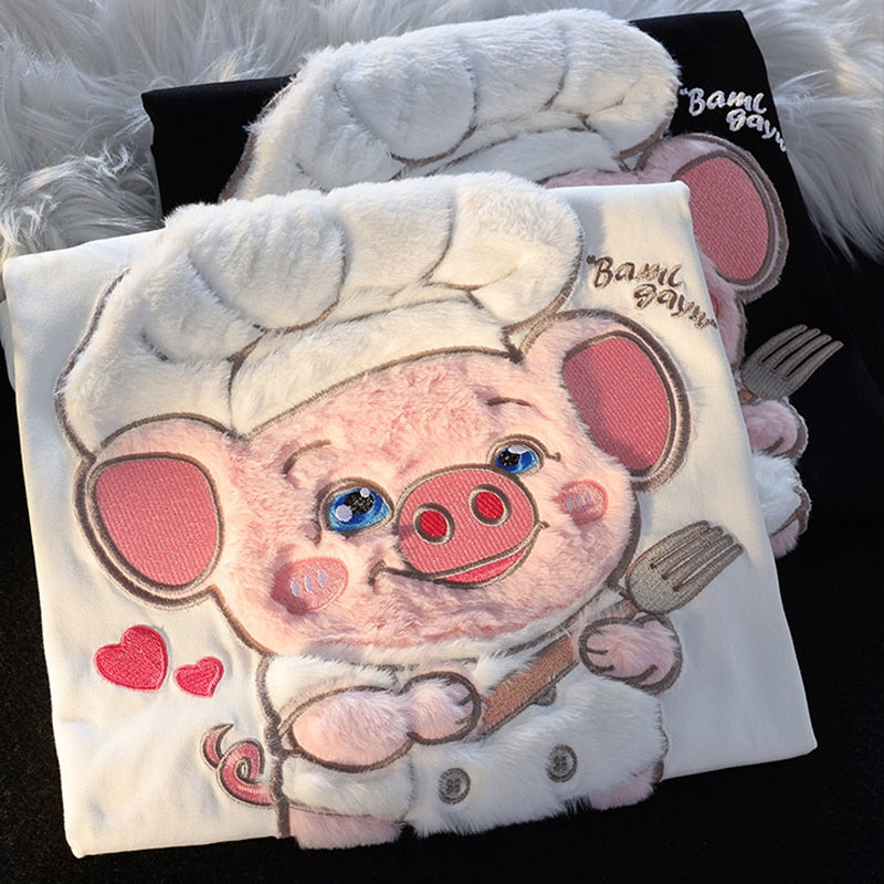 Cute Chef Piglet Embroidered Short-sleeved Women's  T-shirt