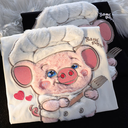 Cute Chef Piglet Embroidered Short-sleeved Women's  T-shirt