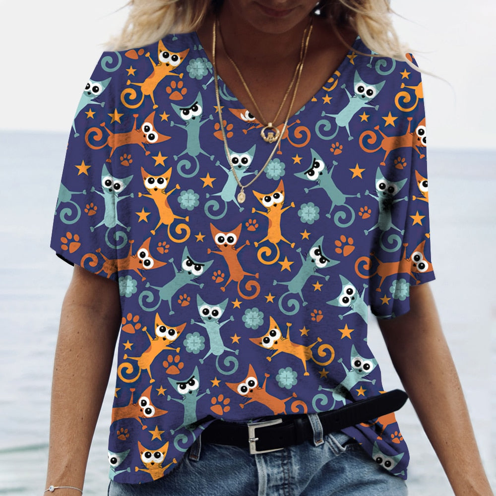 Cartoon Cats Print Women T-Shirt
