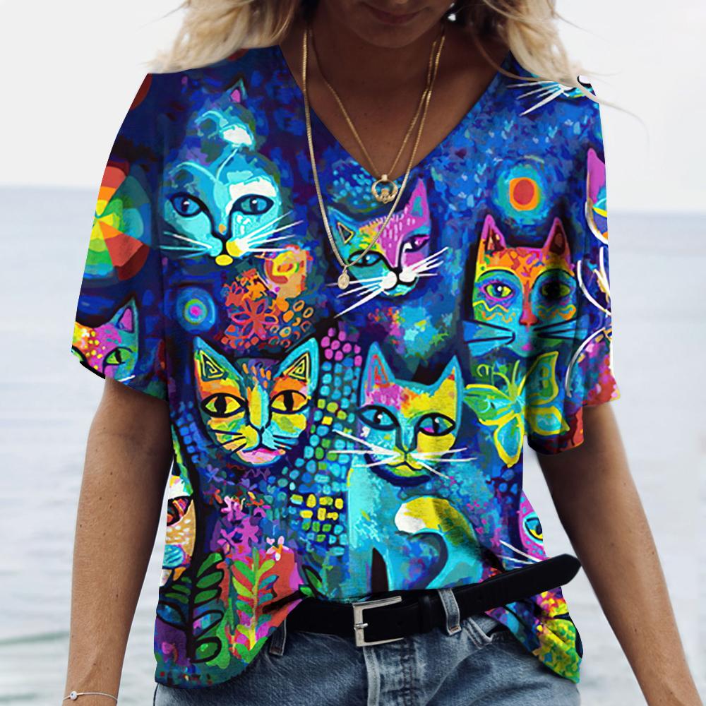 Cartoon Cats Print Women T-Shirt