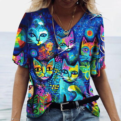 Cartoon Cats Print Women T-Shirt