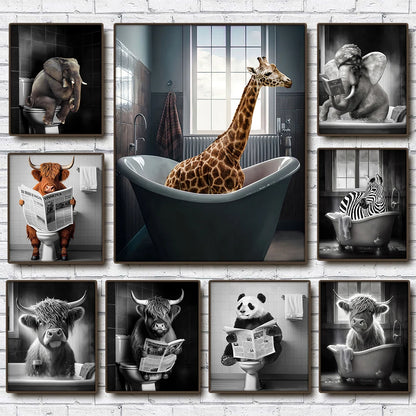 Funny Animal in Bathroom Poster Cow Giraffe Elephant Orangutan Zebra Sitting in Bathtub Canvas Painting Toilet Wall Art Pictures - myfunfarm
