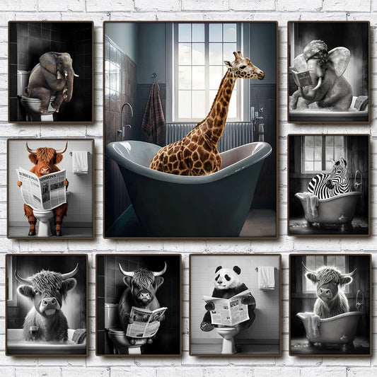 Funny Animal in Bathroom Poster Cow Giraffe Elephant Orangutan Zebra Sitting in Bathtub Canvas Painting Toilet Wall Art Pictures - myfunfarm