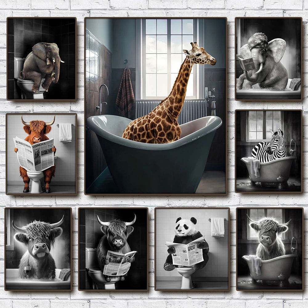 Funny Animal in Bathroom Poster Cow Giraffe Elephant Orangutan Zebra Sitting in Bathtub Canvas Painting Toilet Wall Art Pictures