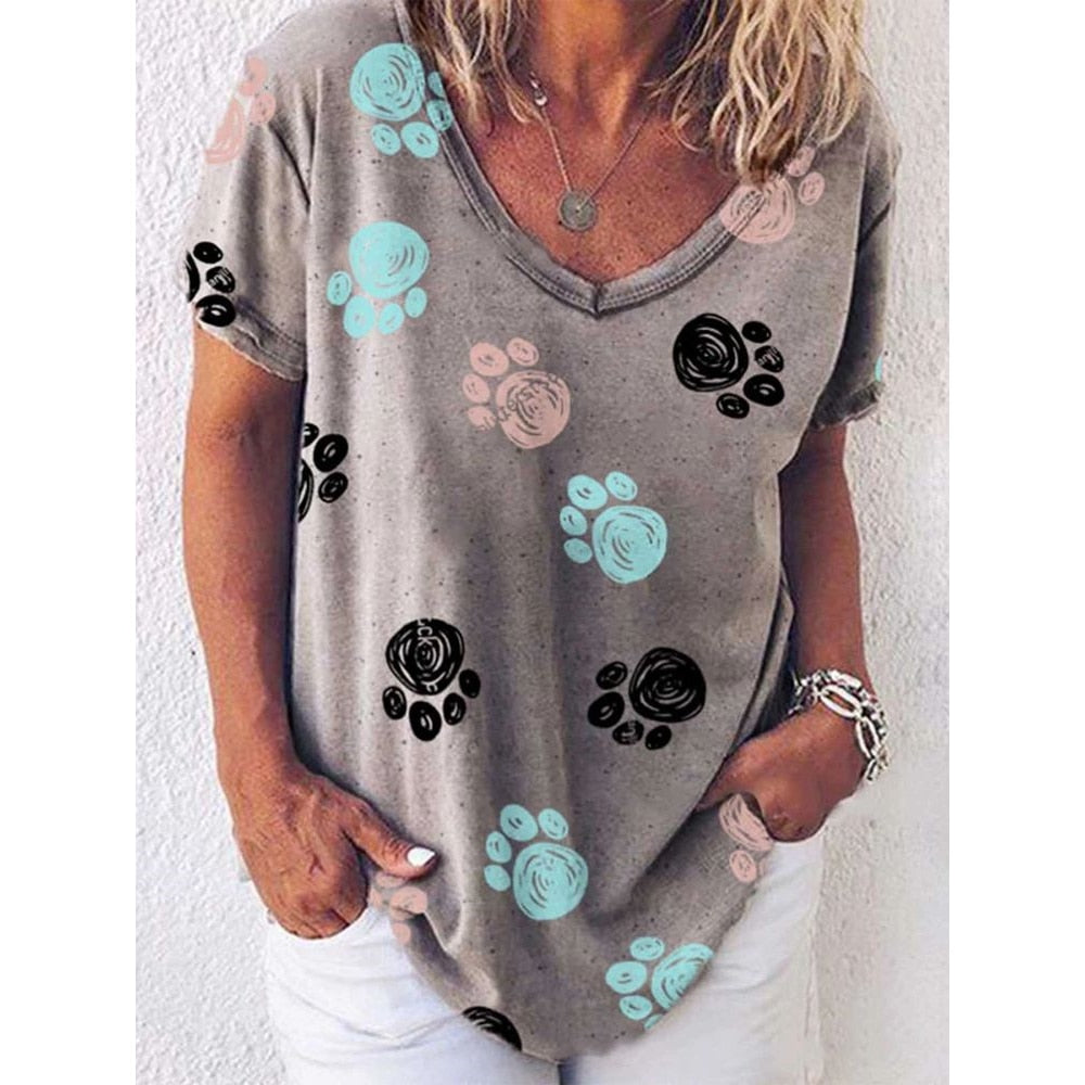T-Shirt Cat Graphic V-neck Short Sleeve Tees Female - myfunfarm