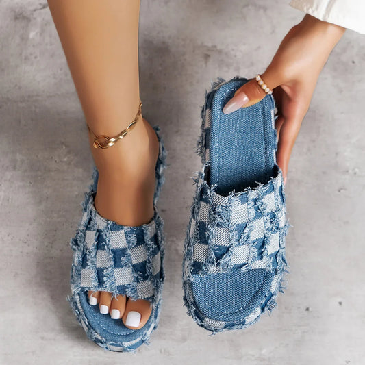 Women Denim Slides Summer Sandals - myfunfarm
