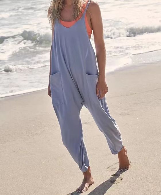 Women Casual Jumpsuit Summer Solid Loose Wide Leg Pants Bib Overall Pocket - myfunfarm