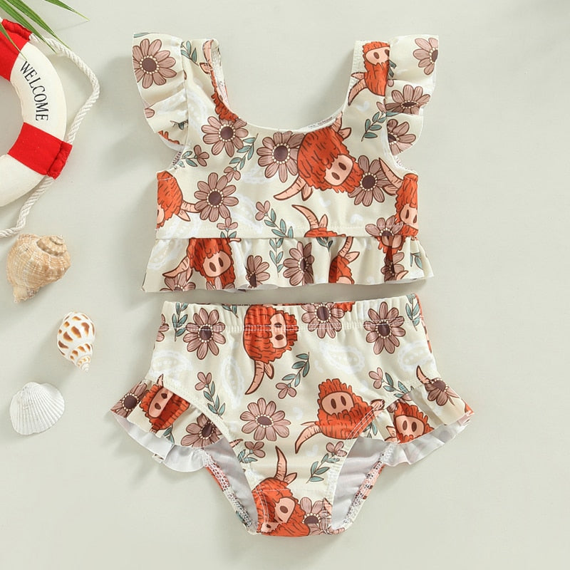Toddler Kids Baby Girl Swimsuits 6M-3Y Floral/Cattle Print Ruffles Short Sleeve Crop Tops+Shorts Bathing Suits Beachwear - myfunfarm