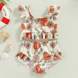 Toddler Kids Baby Girl Swimsuits 6M-3Y Floral/Cattle Print Ruffles Short Sleeve Crop Tops+Shorts Bathing Suits Beachwear