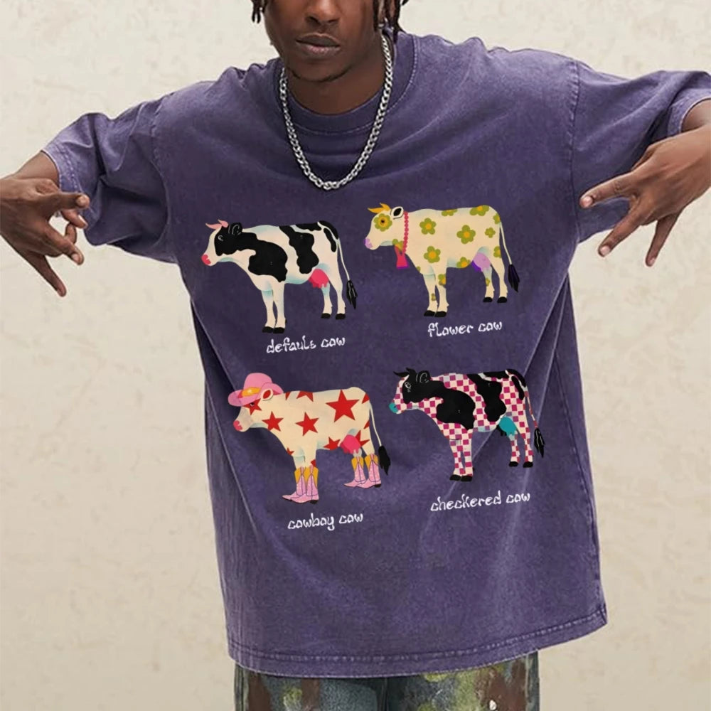 Cute Cartoon Cow Print T-Shirt Pure Cotton Washed - myfunfarm