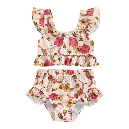 Toddler Kids Baby Girl Swimsuits 6M-3Y Floral/Cattle Print Ruffles Short Sleeve Crop Tops+Shorts Bathing Suits Beachwear - myfunfarm