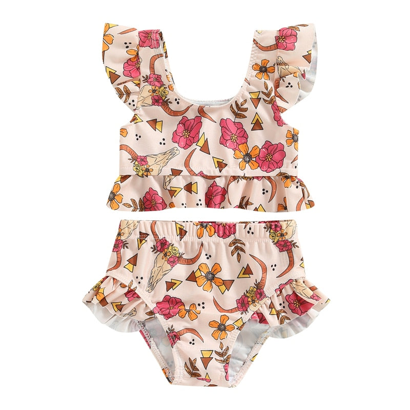 Toddler Kids Baby Girl Swimsuits 6M-3Y Floral/Cattle Print Ruffles Short Sleeve Crop Tops+Shorts Bathing Suits Beachwear