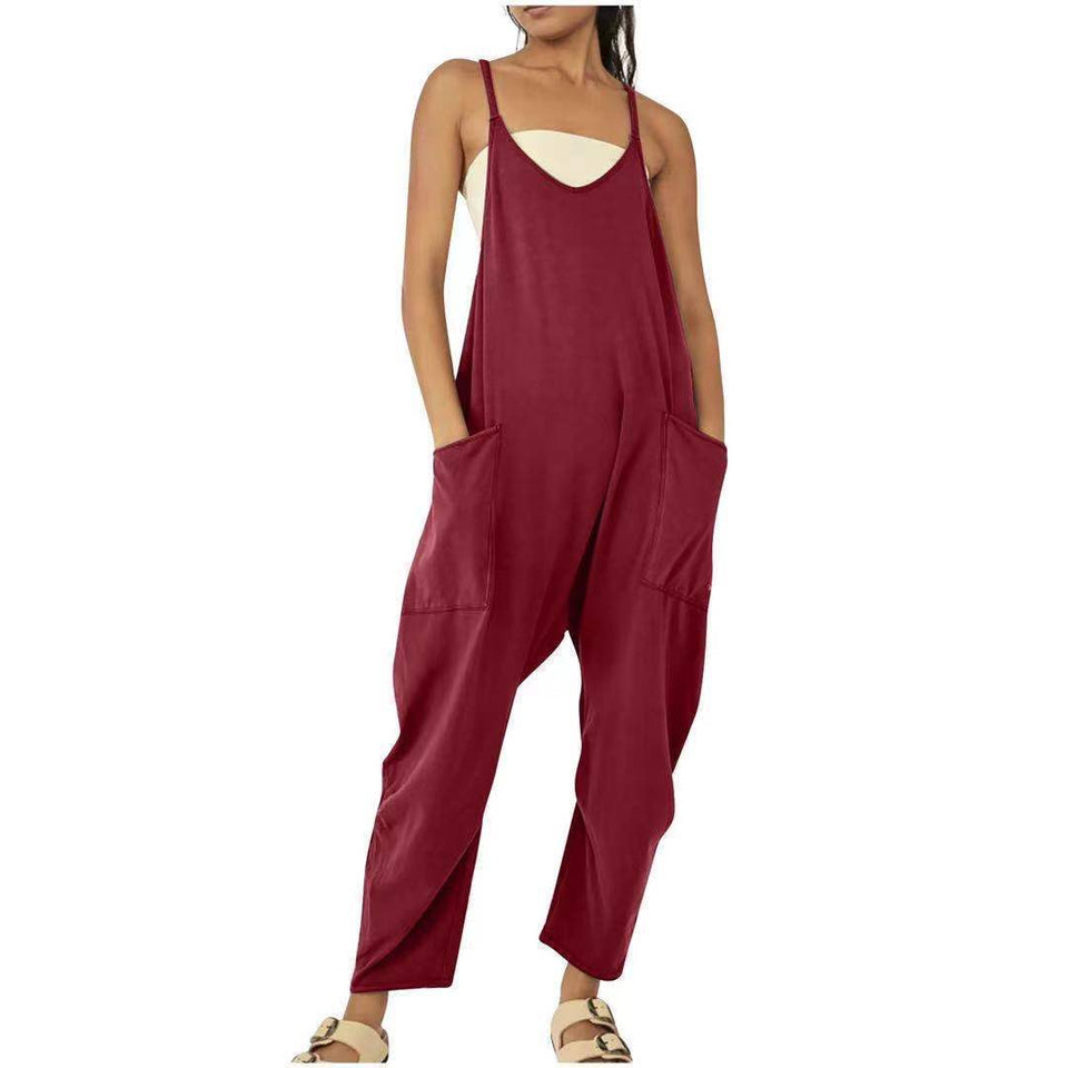 Women Casual Jumpsuit Summer Solid Loose Wide Leg Pants Bib Overall Pocket