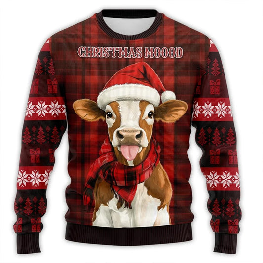 Santa Hat Cute Cow Printed Ugly Christmas Sweater - myfunfarm