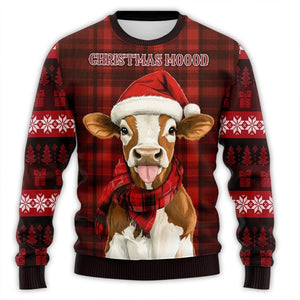 Santa Hat Cute Cow Printed Ugly Christmas Sweater