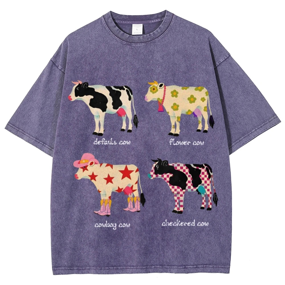 Cute Cartoon Cow Print T-Shirt Pure Cotton Washed - myfunfarm