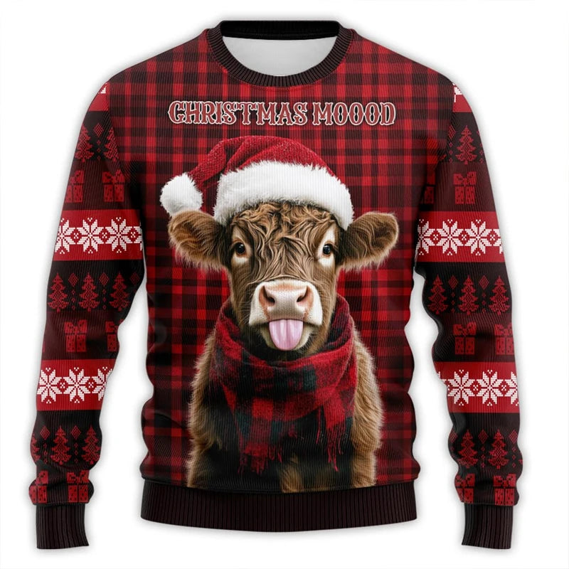 Santa Hat Cute Cow Printed Ugly Christmas Sweater - myfunfarm