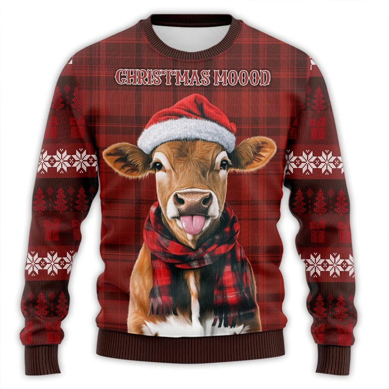 Santa Hat Cute Cow Printed Ugly Christmas Sweater - myfunfarm