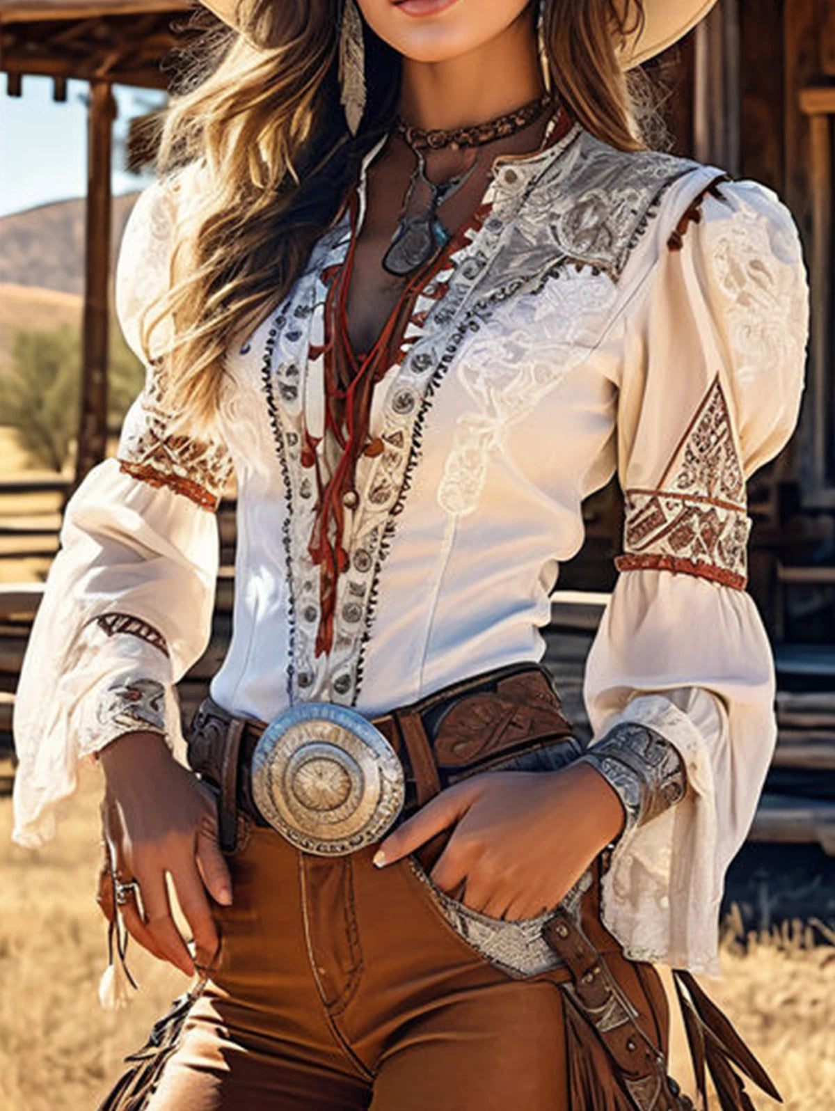 Western Print  Women Long Sleeve Vintage Blouse