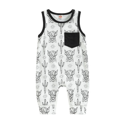 Baby Western Cowboy Jumpsuits Cartoon Cattle Print