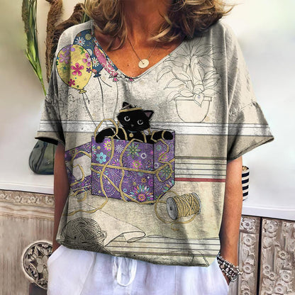 Cartoon Cats Print Women T-Shirt