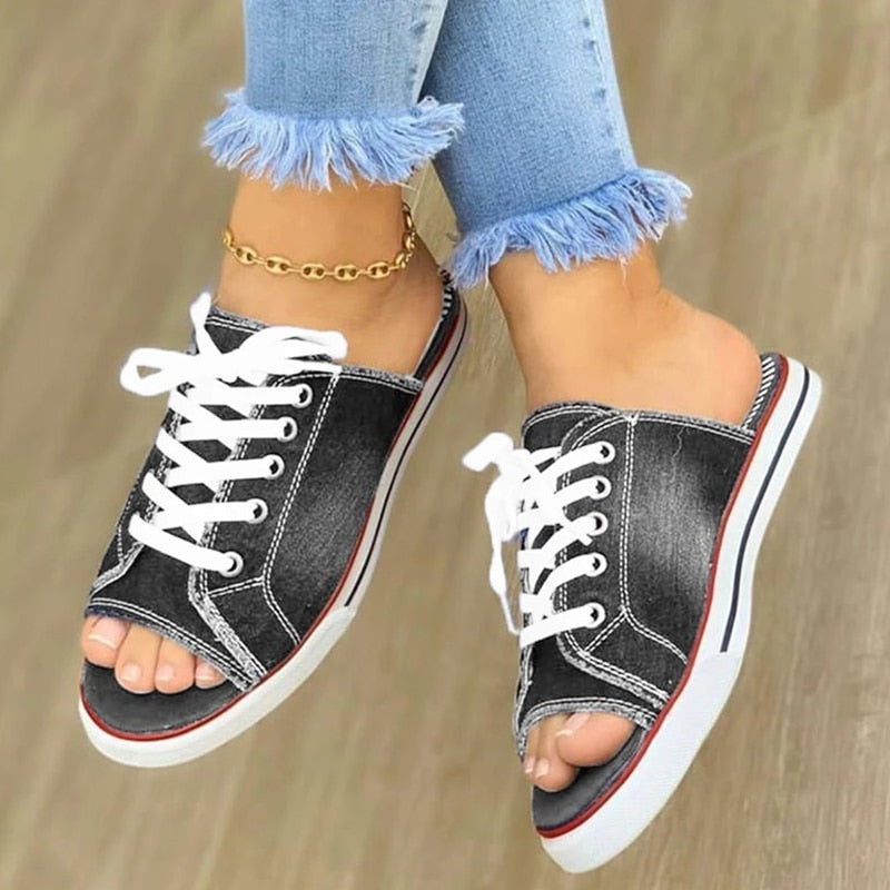 Ladies Slippers Canvas  Lace-up  Open-toed - myfunfarm