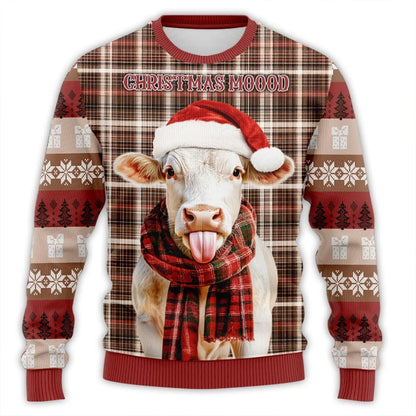 Santa Hat Cute Cow Printed Ugly Christmas Sweater - myfunfarm