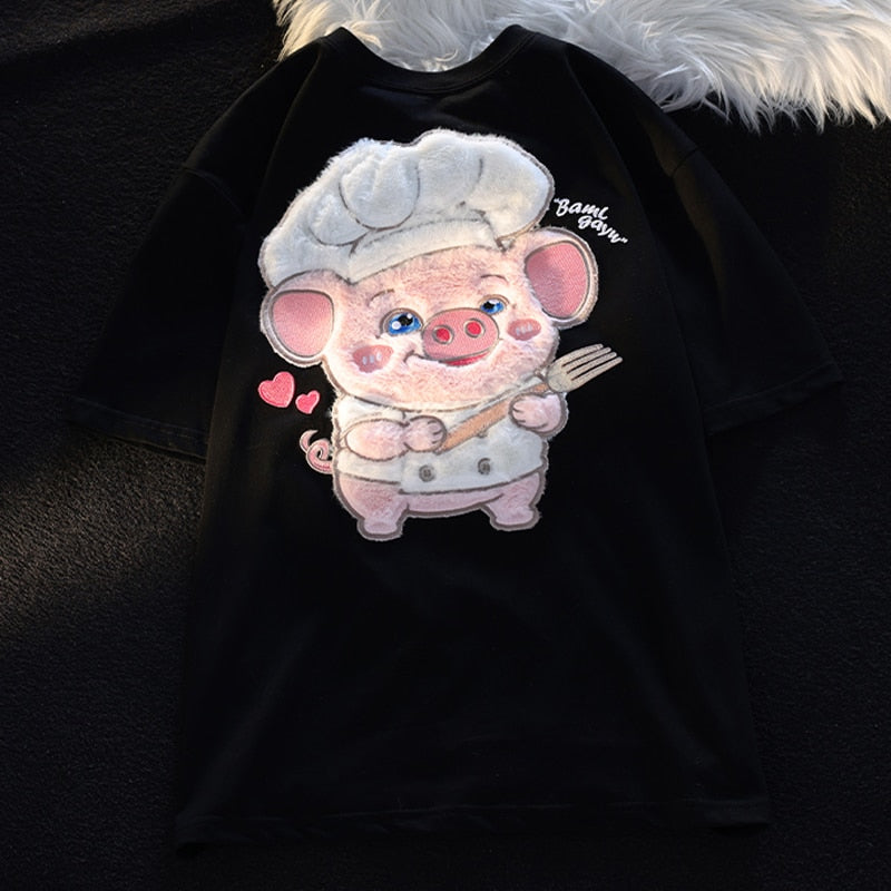 Cute Chef Piglet Embroidered Short-sleeved Women's  T-shirt