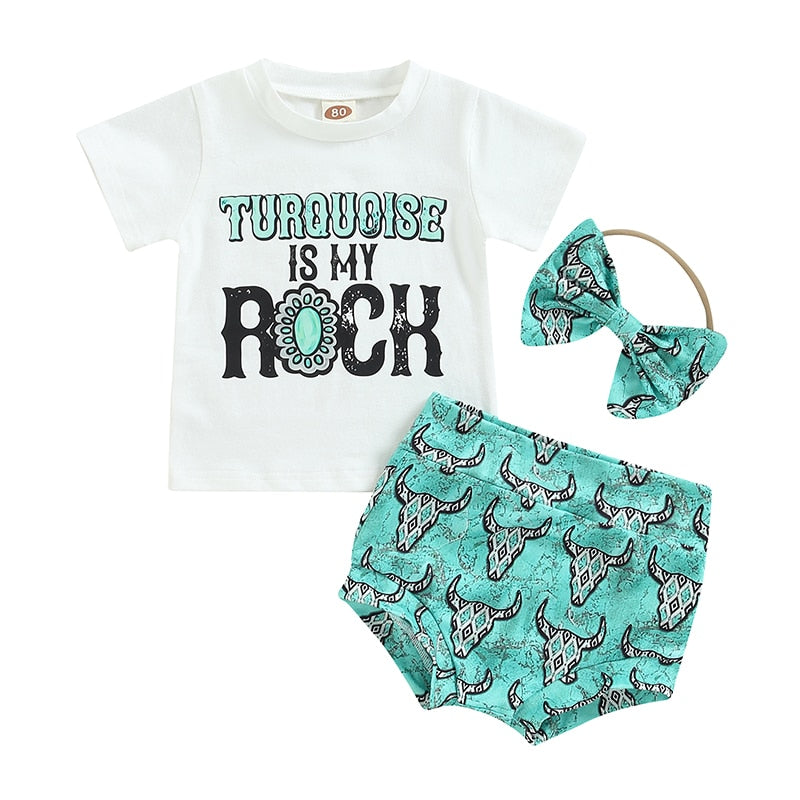 Summer Toddler Newborn Bbay Boys Girls Clothes Sets Cattle Print Short Sleeve Cotton T-shirts+Shorts+Headband Outfits