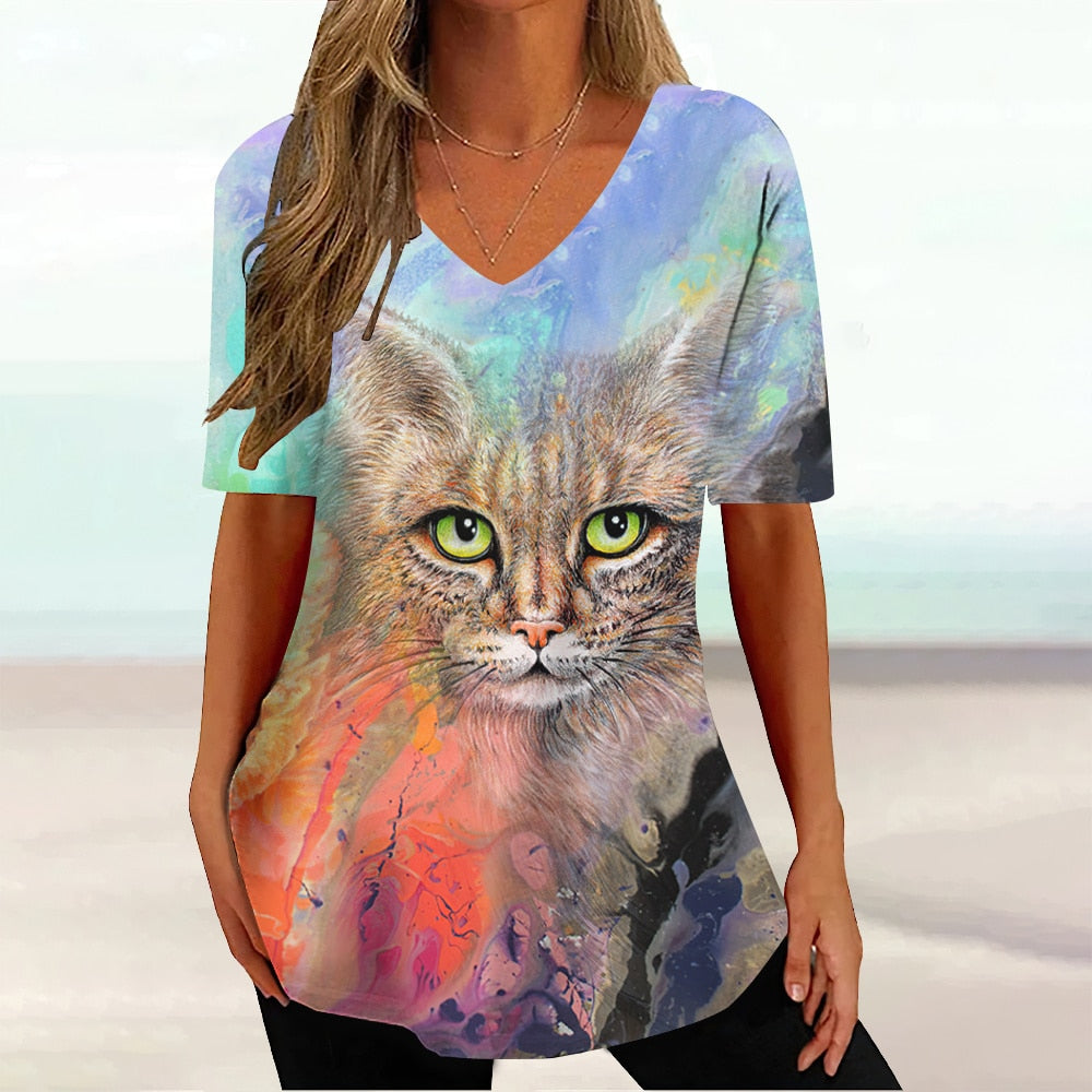 Colourful Cat painting print Tie-dye Graphic  V-Neck  Female Tees - myfunfarm