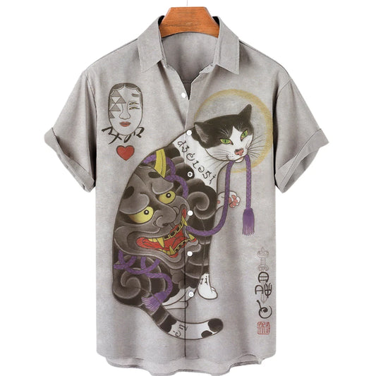 Hawaiian Shirts Japanese Art style Cat print - myfunfarm