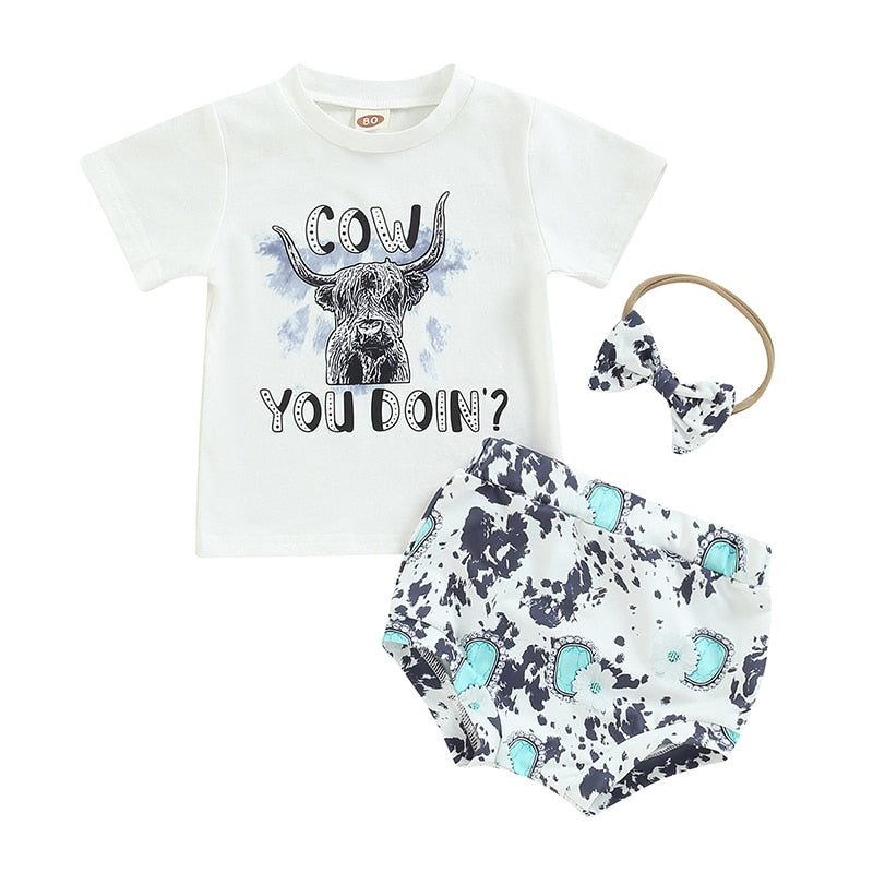 Summer Toddler Newborn Bbay Boys Girls Clothes Sets Cattle Print Short Sleeve Cotton T-shirts+Shorts+Headband Outfits