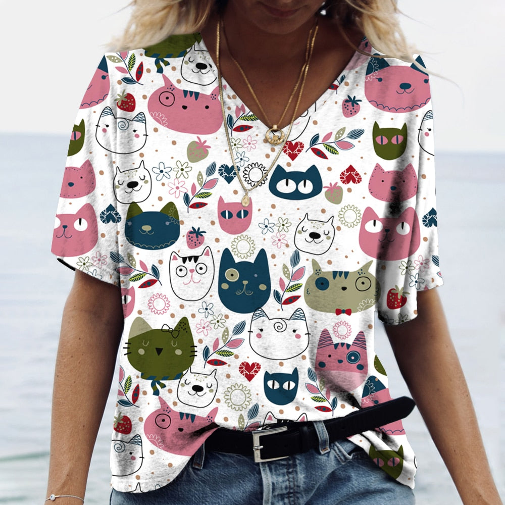 Cartoon Cats Print Women T-Shirt