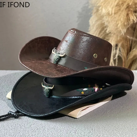 Cow Head Decorate Western Cowboy Hat Faux Leather Vintage Gentleman - myfunfarm