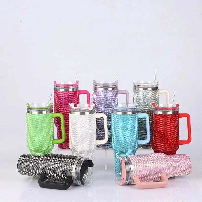 40oz Cow pattern Diamond Tumbler With Handle Insulated  Stainless Steel Coffee - myfunfarm