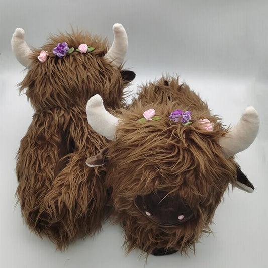 Highland Cow Fashion Plush Slippers, Fluffy Cute Warm for Winter Soft Cozy Indoor