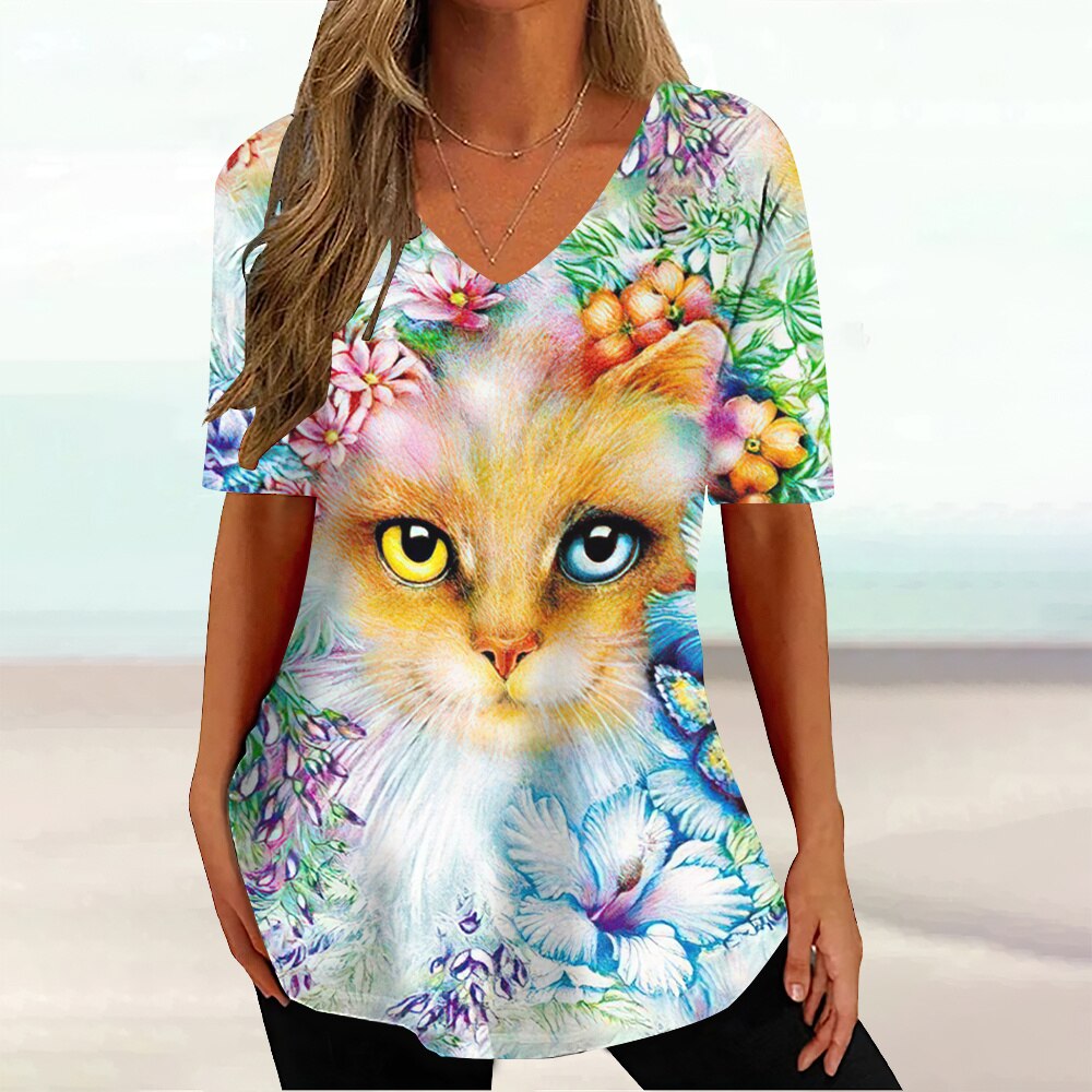 Colourful Cat painting print Tie-dye Graphic  V-Neck  Female Tees - myfunfarm
