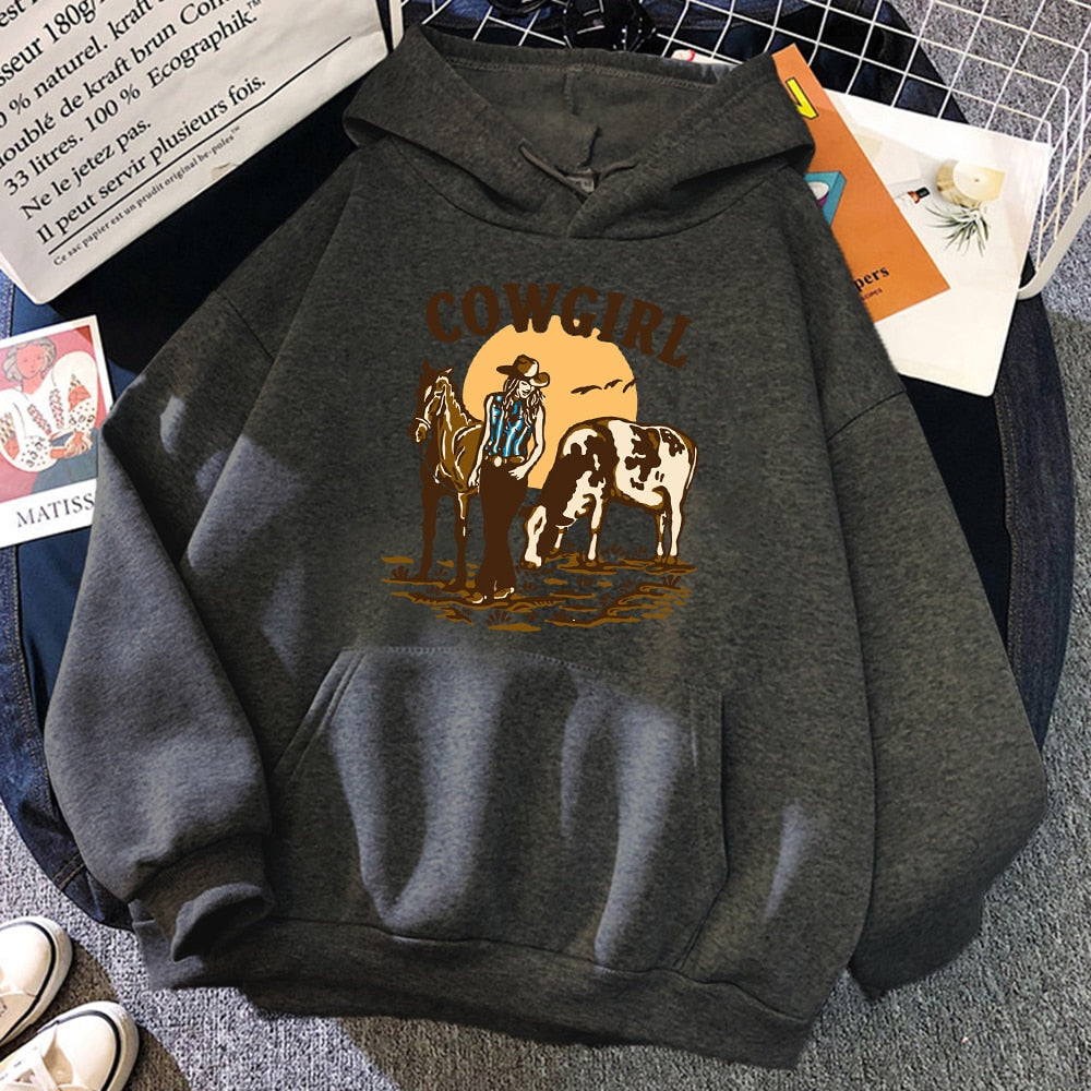 The Cowgirl And Her Cow And Horse Live In The West Hoodies
