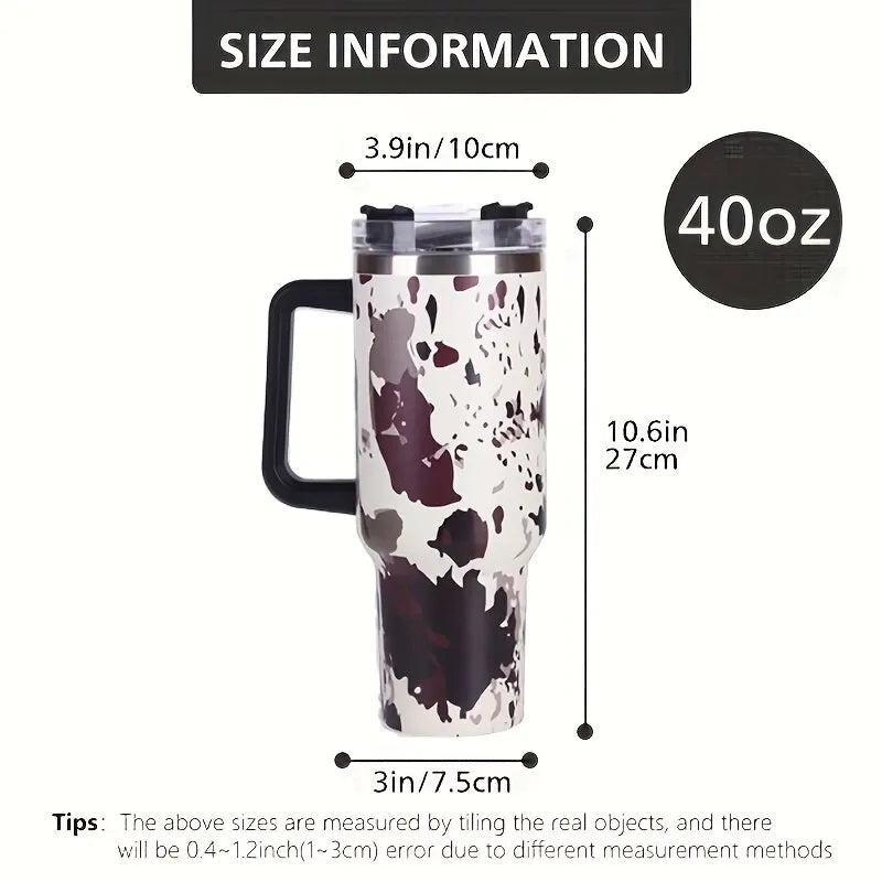 1Pc 40oz Cow Print Insulated Tumbler With Lid And Straw,Stainless Steel Coffee Tumbler with Handle,Double Vacuum Leak Proof Mug