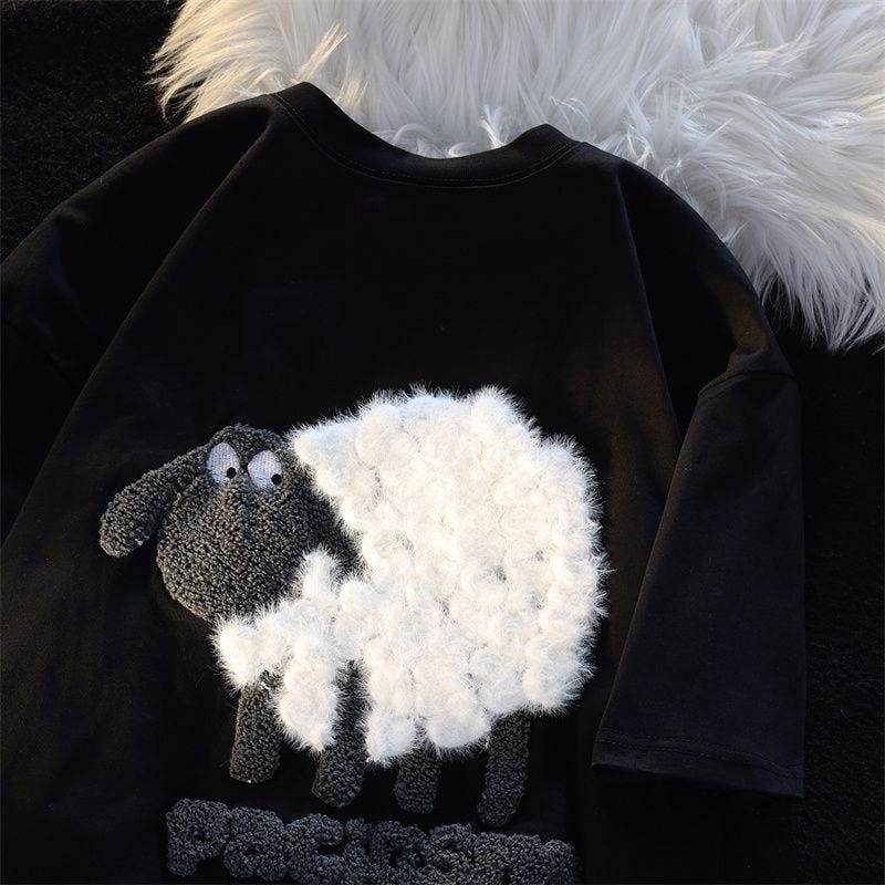 Cute Cartoon Black Sheep Embroidered women's T-Shirts