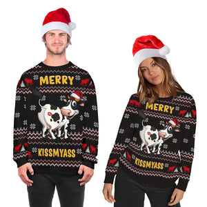 Funny Cow Merry KissMYASS  Sweaters Unisex Holiday Party Xmas Sweatshirts