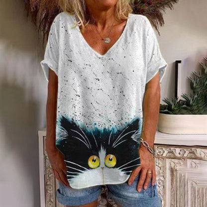 T-Shirt Cat Graphic V-neck Short Sleeve Tees Female - myfunfarm