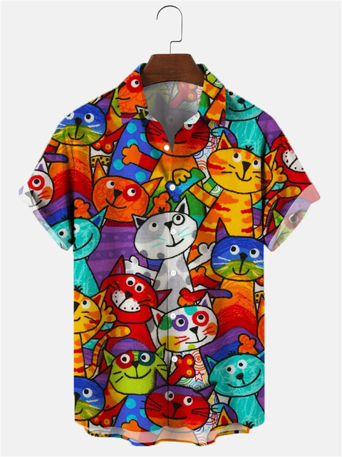 Hawaiian Shirt Cute Cartoon Cat print - myfunfarm