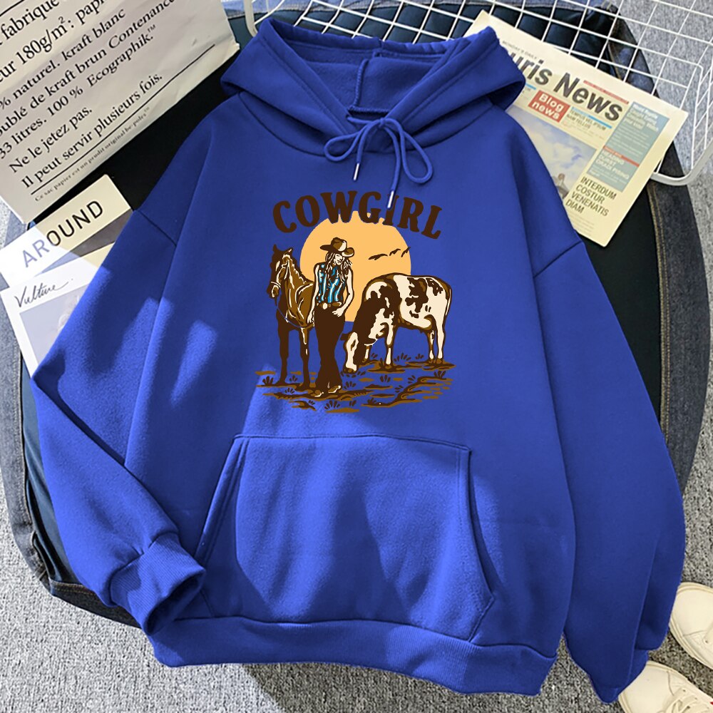 The Cowgirl And Her Cow And Horse Live In The West Hoodies