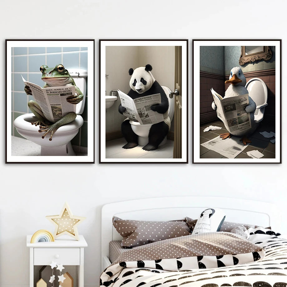 Funny Bathroom Humorous Animal Wall Decor Cow Bear Dog Tiger Sitting on Toilet Reading Newspaper Poster Art Print Canvas Painting - myfunfarm